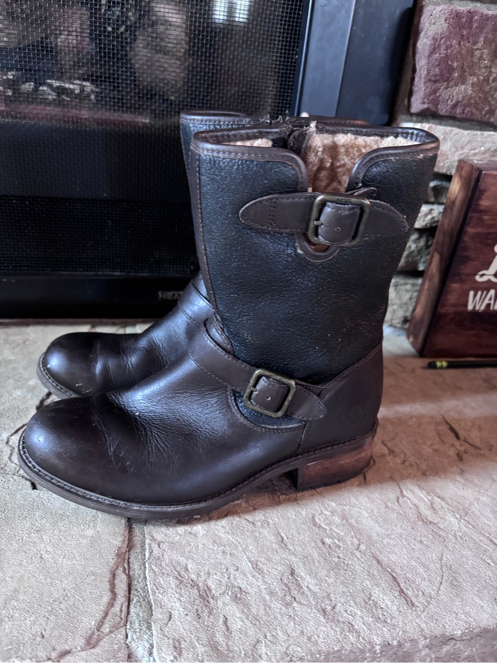 UGG Brown Leather Shearling-Lined Engineer Boots